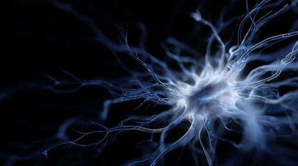 Exploring the intricate structure of a neuron with glowing filaments on a dark background