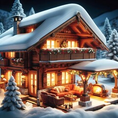 A picturesque snow-covered chalet, adorned with festive lights, featuring a warm outdoor patio with a fireplace, surrounded by pine trees.