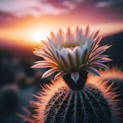 A close-up of a blooming cactus flower with delicate pink and white petals, set against a warm desert sunset background.