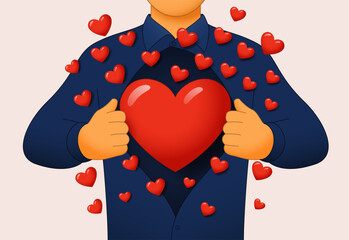 Concept of pure strong love or recognition. A person has many red hearts flying out of his chest. Vector illustration.