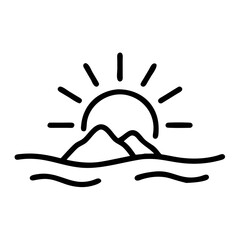 Fototapeta premium Minimal Line Icon of Sunrise over Sea and Mountains for Nature and Travel Design