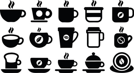 Vector art of a collection of black silhouette coffee cup icons are displayed on a white background