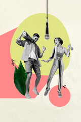 Collage of cheerful people dancing near obsolete retro vinyl expressing retro disco party vintage...