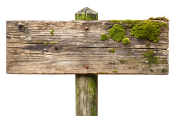 Weathered Wooden Sign Post with Moss on Transparent Background wooden sign post covered moss This