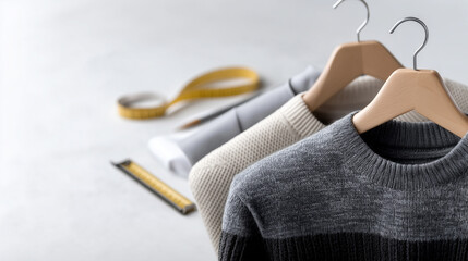 Fototapeta premium Casual gray and white sweaters hanging on wooden hangers with accessories