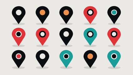 Vector art of a collection of map pin icons in various colors are displayed on a white background