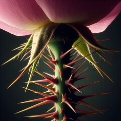A striking close-up of a plant stem, revealing sharp thorns and a delicate pink petal at the top.