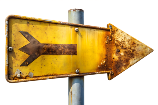 Rusty Yellow Arrow Sign Pointing Right on Transparent Background rusty yellow arrow sign pointing the - Powered by Adobe