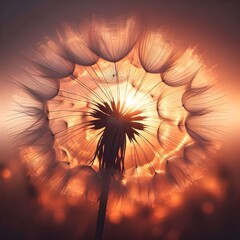 A close-up of a dandelion seed head, illuminated by the warm, golden glow of the setting sun.