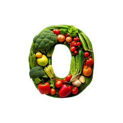 The number 0 made from various vegetables. Fresh, healthy, and eco-friendly food.