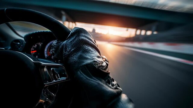 Racing car interior view captures the thrill of high speed driving on a track, showcasing the driver's gloved hand on the steering wheel with a blurred motion effect in the background