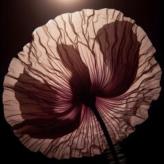 An artistic close-up of a translucent poppy flower, revealing intricate vein patterns against a stark, dark backlit background.
