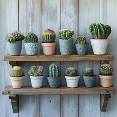 A collection of cacti displayed on a rustic wooden shelf.

