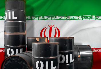 Barrel of oil against the Iranian flag. Rusty dangerous barrel with fuel or crude oil