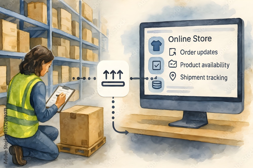 Poster warehouse worker managing inventory with digital tools for efficient dropshipping.