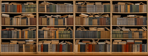 Stacks of many books on a shelfs. Concept of library, reading, old classic literature, student education. Books pattern background