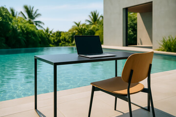 Fototapeta premium Modern workspace by the pool with laptop and chair