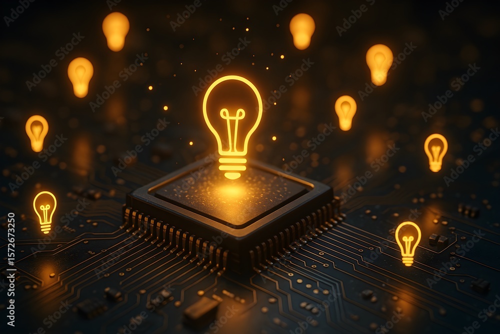 Aufkleber a glowing light bulb on a microchip symbolizes ai-driven creativity.