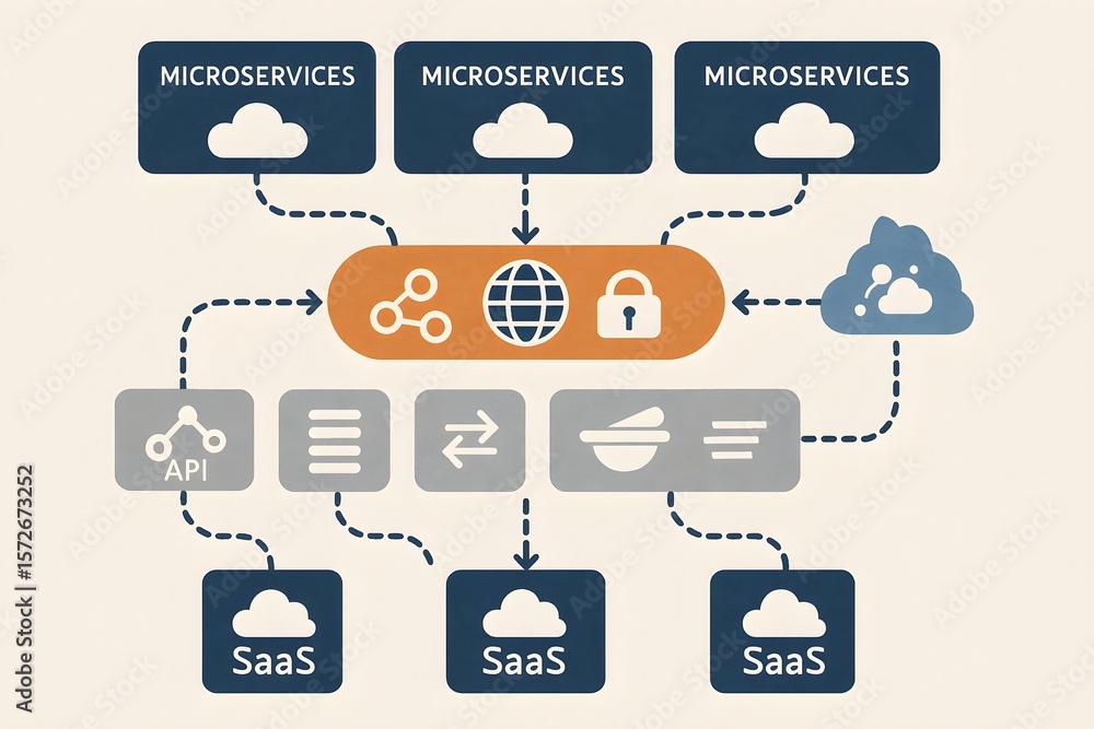 Poster diagram of saas microservices system with cloud icons, api, and security elements.