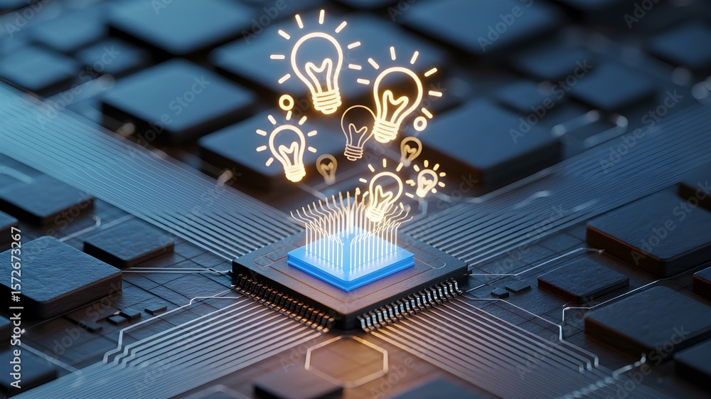 Poster light bulbs on a microchip symbolize innovation and technology-driven creativity.
