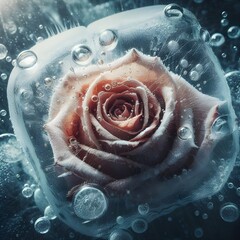 A beautiful pink rose frozen within a clear block of ice, adorned with numerous trapped air bubbles