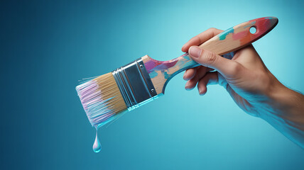 Close-up of hand holding dripping colorful paintbrush on a blue gradient background