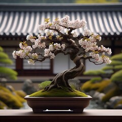 An exquisitely shaped bonsai tree with delicate white blossoms, meticulously cultivated and displayed in a traditional pot against a blurred Japanese garden background.