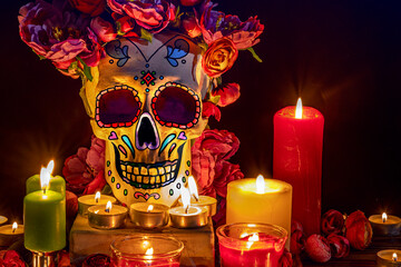 Skull with decor for the holiday Day of the Dead. Dia de los Muertos altar surrounded by ornamented...