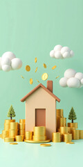 Real estate investment illustration with house on golden coin stacks, flying coins and money trees on teal background, symbolizing financial growth, passive income, savings and homeownership potential