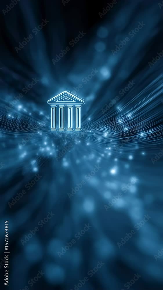 Poster an ethereal digital bank emblem shines amidst an intricate network of glowing data pathways illustra
