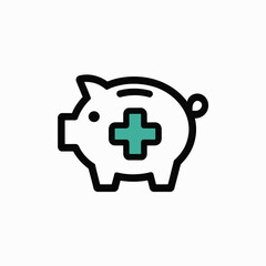 Minimalist vector icon depicting a white piggy bank with a teal medical cross symbol inside a black outline against a white background