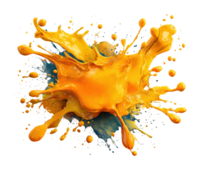Dynamic yellow paint splash creative digital abstract. Isolated on transparent background, png.