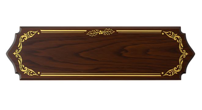 Elegant wooden plaque with golden holly design against a transparent background offers a customizable space for text or dedications.