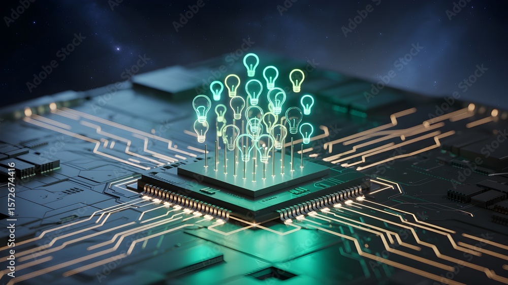 Poster futuristic circuit board with glowing nodes symbolizes tech innovation and connectivity.