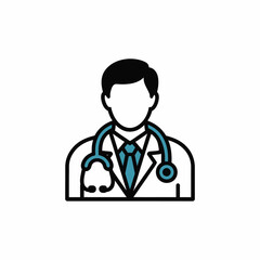 Fototapeta premium Minimalist Vector Icon of a Doctor Wearing a White Coat Blue Tie and Teal Stethoscope healthcare