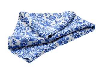 Elegant folded white fabric showcases a blue floral damask design, perfect for table settings or crafts with its intricate, vintage inspired pattern.