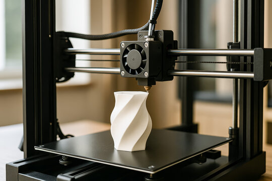 Modern 3d printer creating a unique white vase design