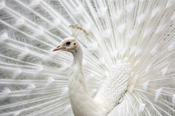 Fototapeta premium White peacock proudly displaying its feathers against a plain white background