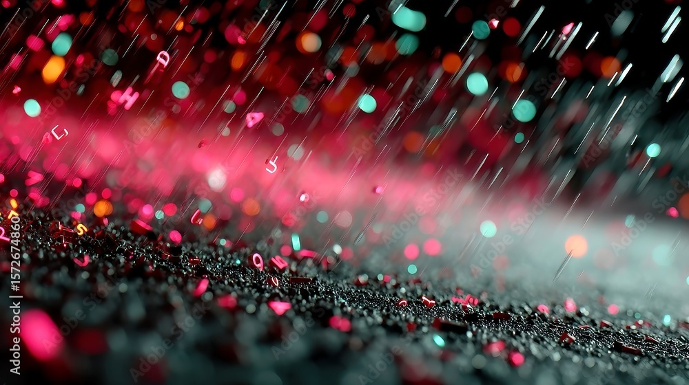 Poster zero gravity code rain, cascading letters and numbers in a glitch aesthetic, enveloped in vibrant ne