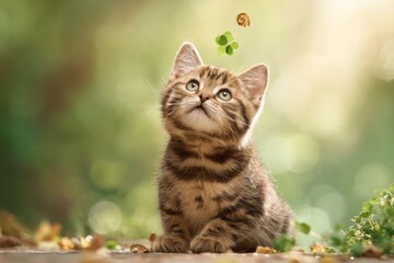 Obraz premium A curious tabby kitten gazes upward at a falling clover leaf in a soft, sunlit outdoor setting.