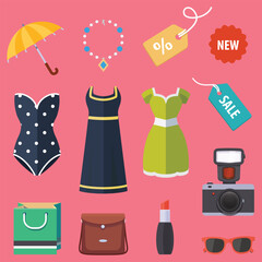 young woman clothes accessories outfit notebook smartphone purse powder blouse handbag vector design