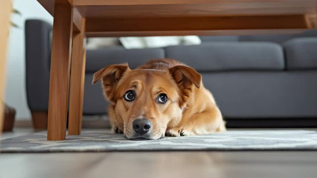 Trembling canine finding shelter underneath table, displaying survival instinct during seismic ground motion and experiencing intense anxiety from natural disaster