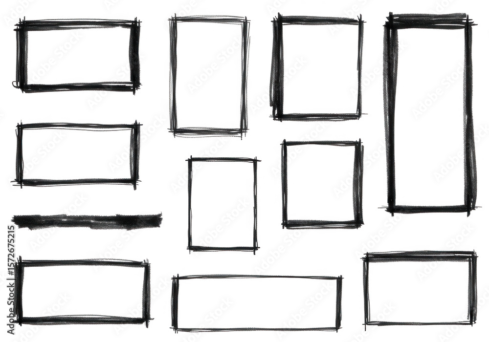 Poster a collection of handdrawn rectangular frames with a rough, sketchy texture on white isolated on tran