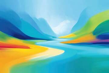 Abstract painting of God's beautiful creation. A serene river flows through a colorful valley, symbolizing the River of Life. Modern Christian art for faith and worship themes.