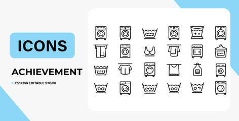 Laundry Icons: A diverse set of minimalist line art icons showcasing various aspects of laundry, ranging from washing machines and clothes to detergents and ironing boards.