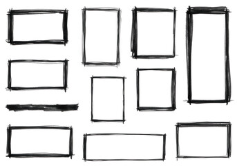 A collection of handdrawn rectangular frames with a rough, sketchy texture on white isolated on transparent background