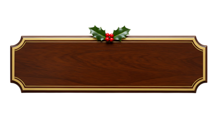 Festive blank wooden plaque adorned with holly berries, perfect for holiday greetings and celebratory messages on a transparent background.