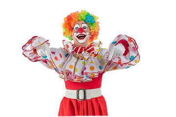 Funny clown pointing up at blank template copy spase for advertising, posters, greetings,...