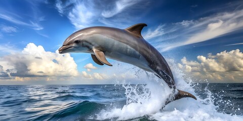 Fototapeta premium Wild bottlenose dolphins jump from the blue ocean water, splashing as they swim