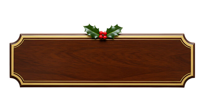 Festive blank wooden plaque adorned with holly berries, perfect for holiday greetings and celebratory messages on a transparent background.